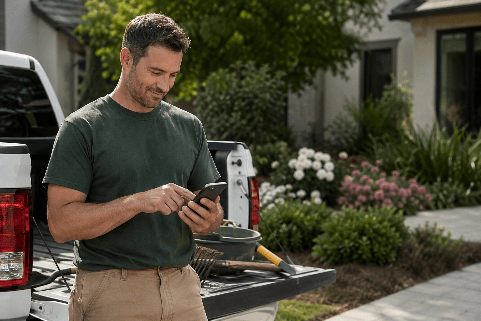 AI-generated scene of a landscaper texting beside his pickup between jobs.