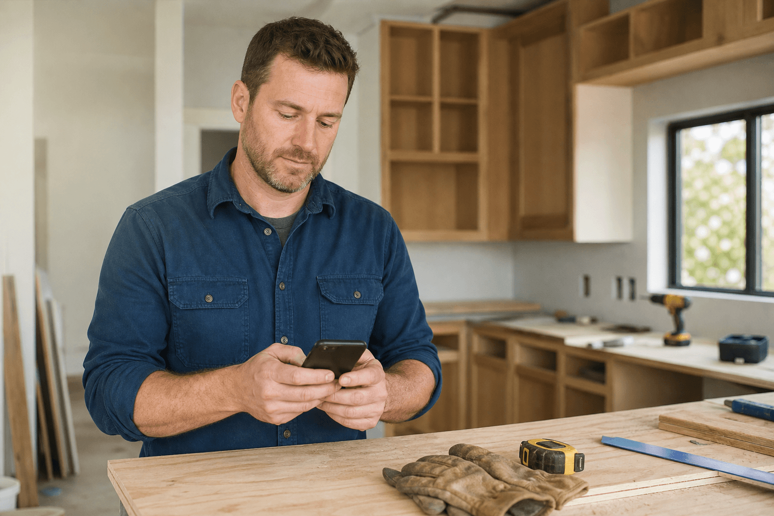 AI-generated scene of a remodeling contractor checking his phone at a workbench.