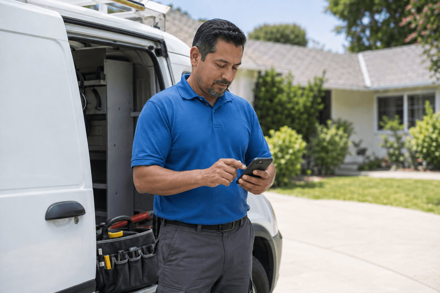 AI-generated scene of a local service business owner texting beside his work van.